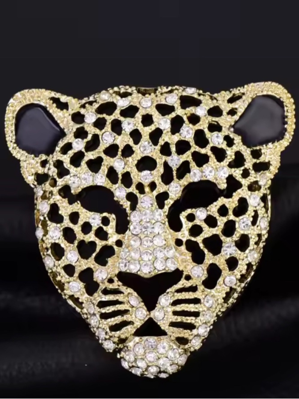 Vintage Gold Leopard Head Crystal Pin Brooch